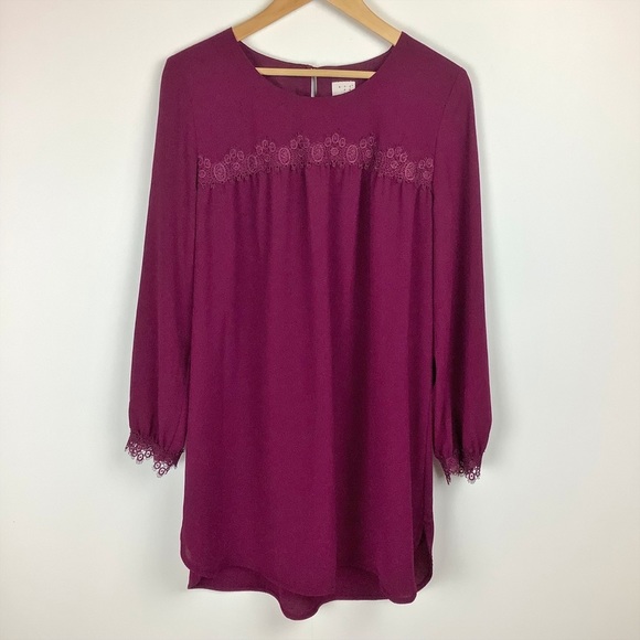 A New Day Women's Merlot Chiffon Lace Long Sleeve Shift Dress Size XS - Picture 1 of 7